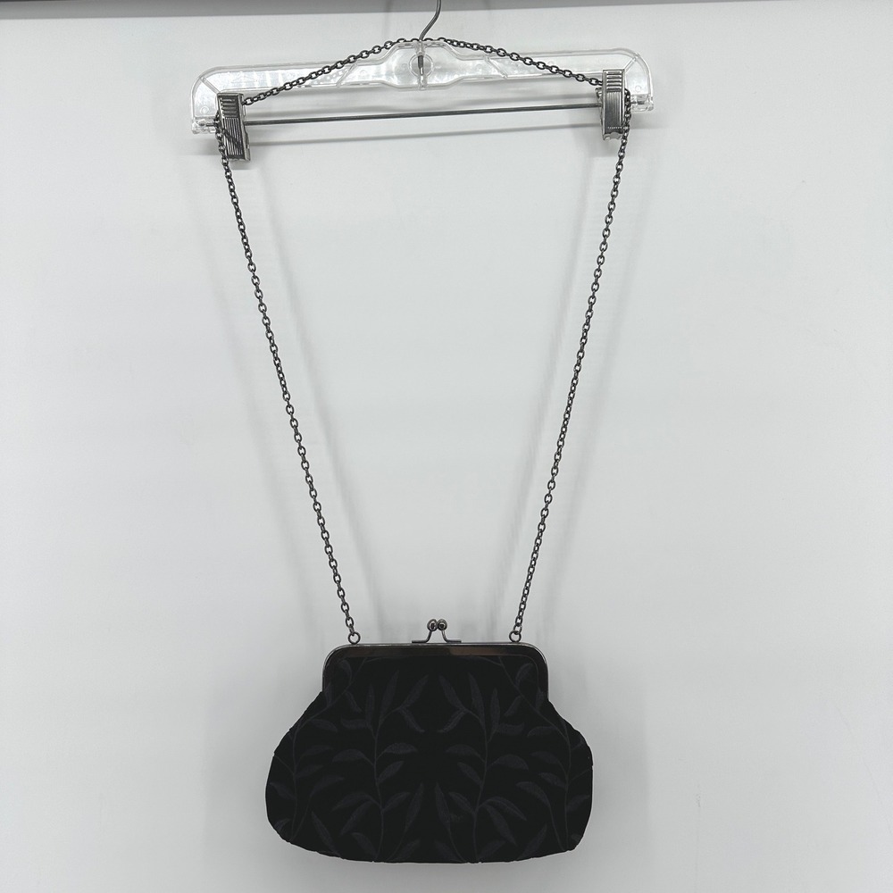 Jeanne Lottie Black Velvet Embroidered Kiss Lock Crossbody Evening Bag Clutch